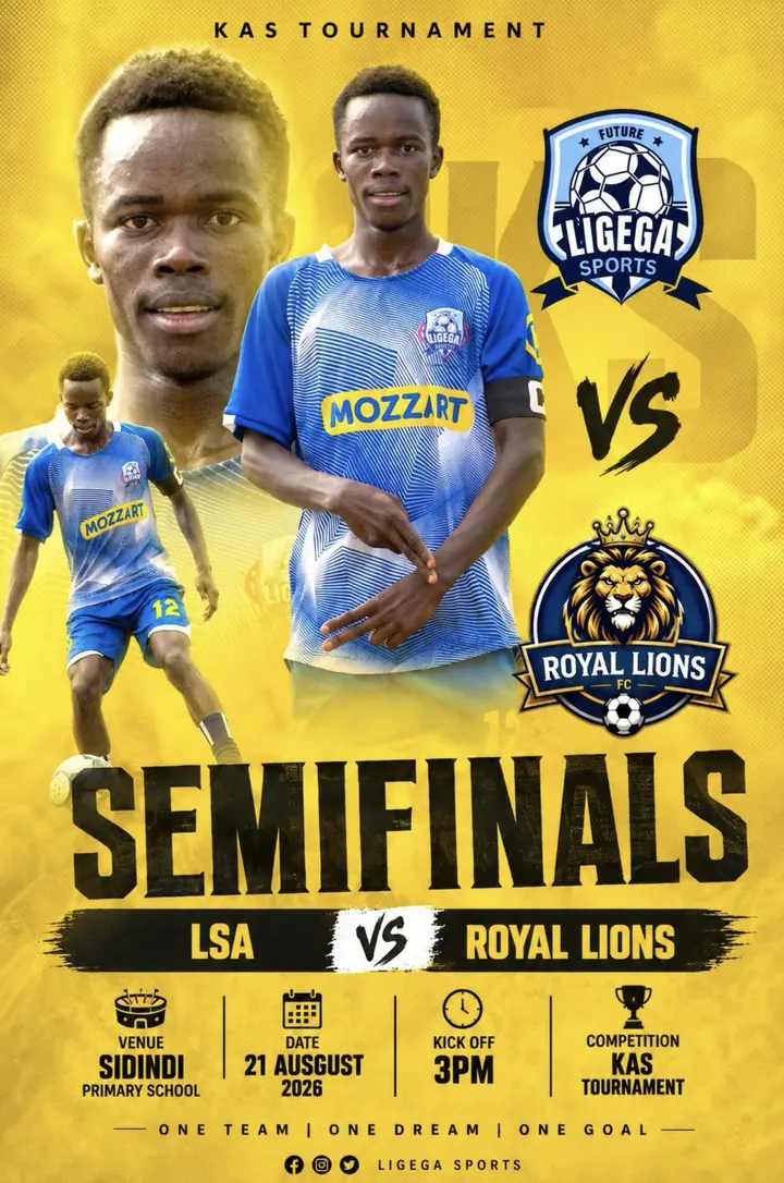 Ligega Sports matchday poster for the KAS Tournament semifinal: LSA versus Royal Lions at Sidindi Primary School, 21 August 2026, 3PM kick-off.
